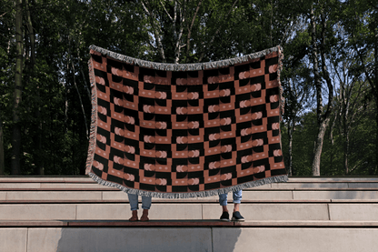 Retro Abstract Woven Throw Blanket – Terracotta & Blush Geometric Blocks