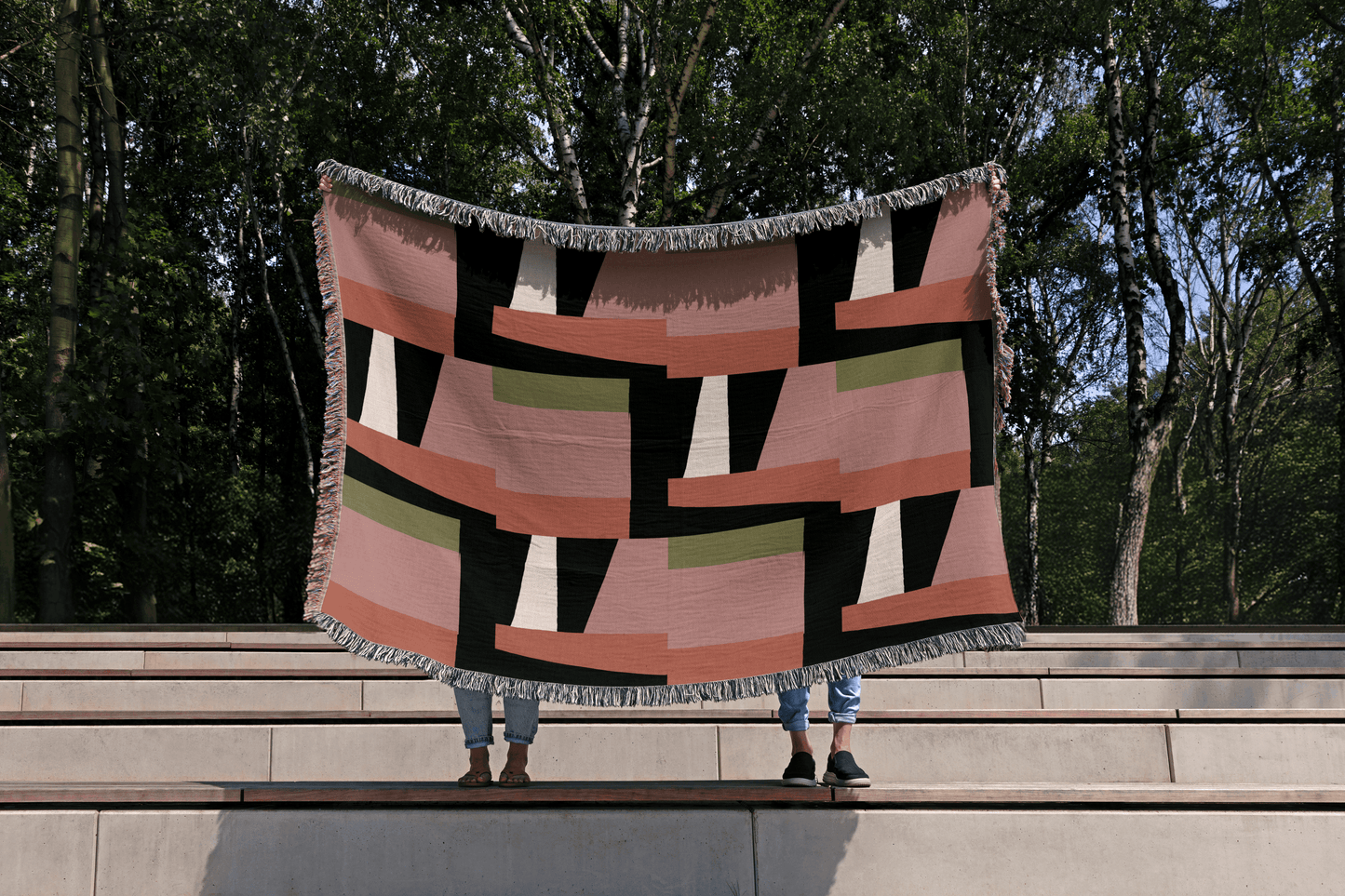 Abstract Modern Woven Throw Blanket – Blush, Olive & Charcoal