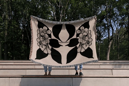 Black and Beige Modern Botanical Woven Throw Blanket