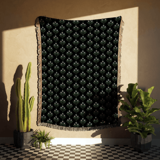 Black Green and Blue Scandi Floral Woven Cotton Throw Blankets - Taylor Bassam