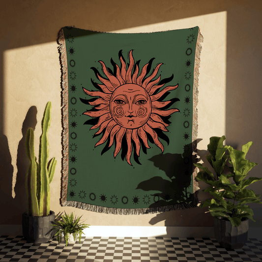 Green and Red Boho Sun Woven Cotton Throw Blankets - Taylor Bassam