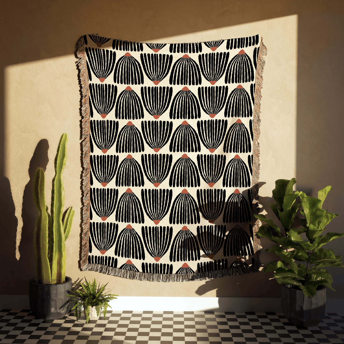 Mid Century Modern Black Flower Pattern Woven Cotton Throw Blankets - Taylor Bassam