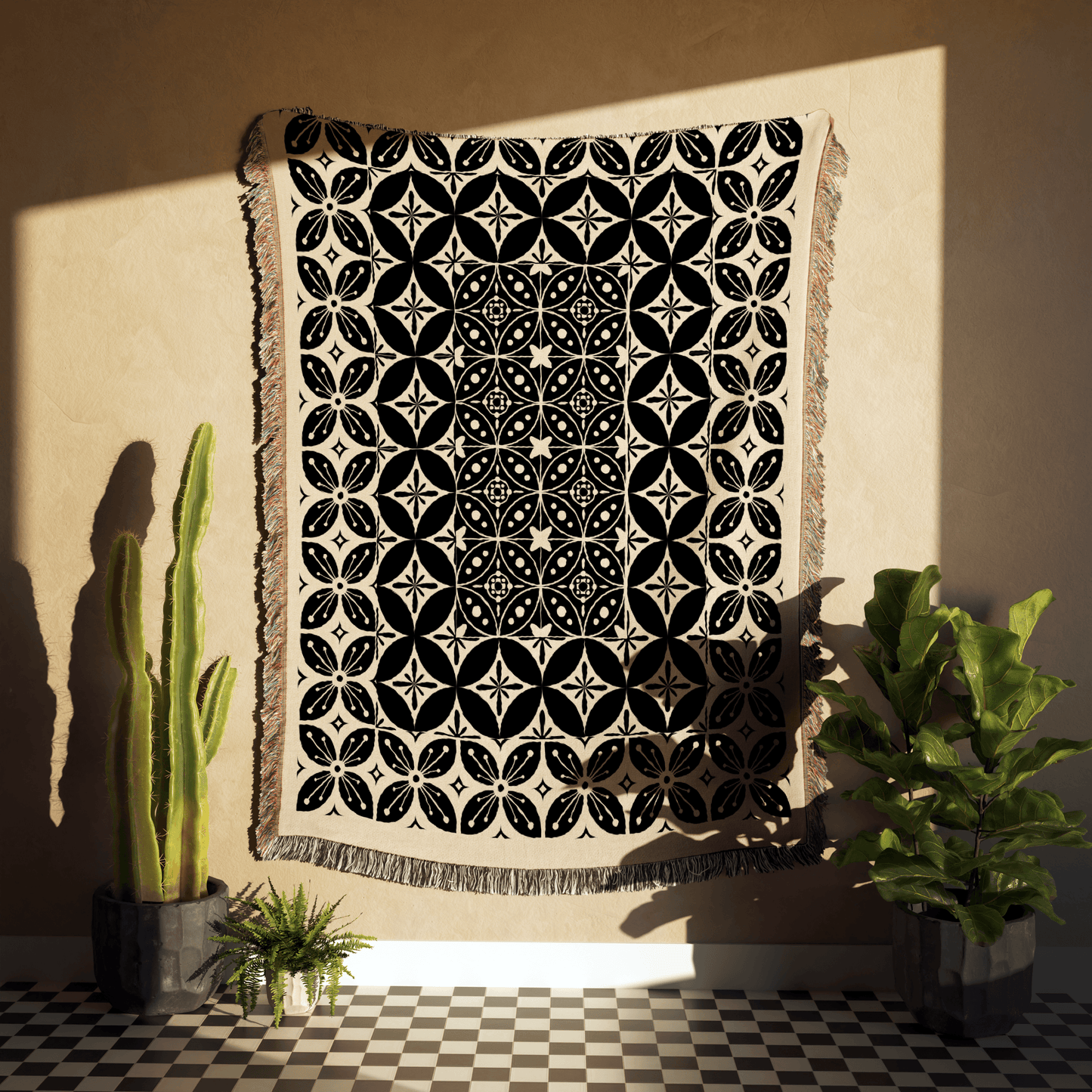 Black and Beige Tile Pattern Woven Cotton Throw Blankets - Taylor Bassam