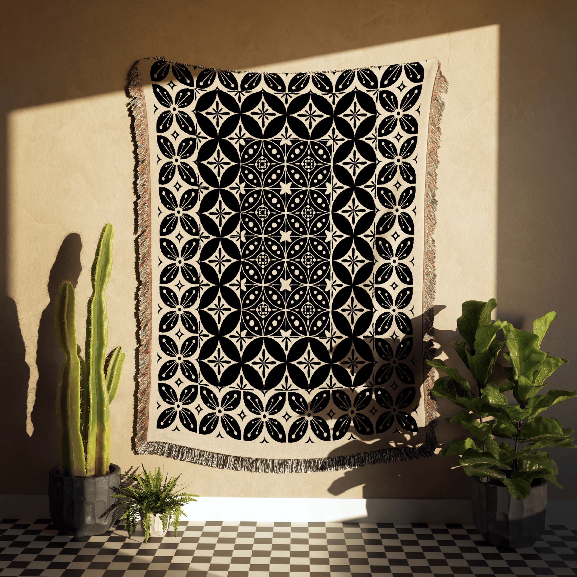 Black and Beige Tile Pattern Woven Cotton Throw Blankets - Taylor Bassam