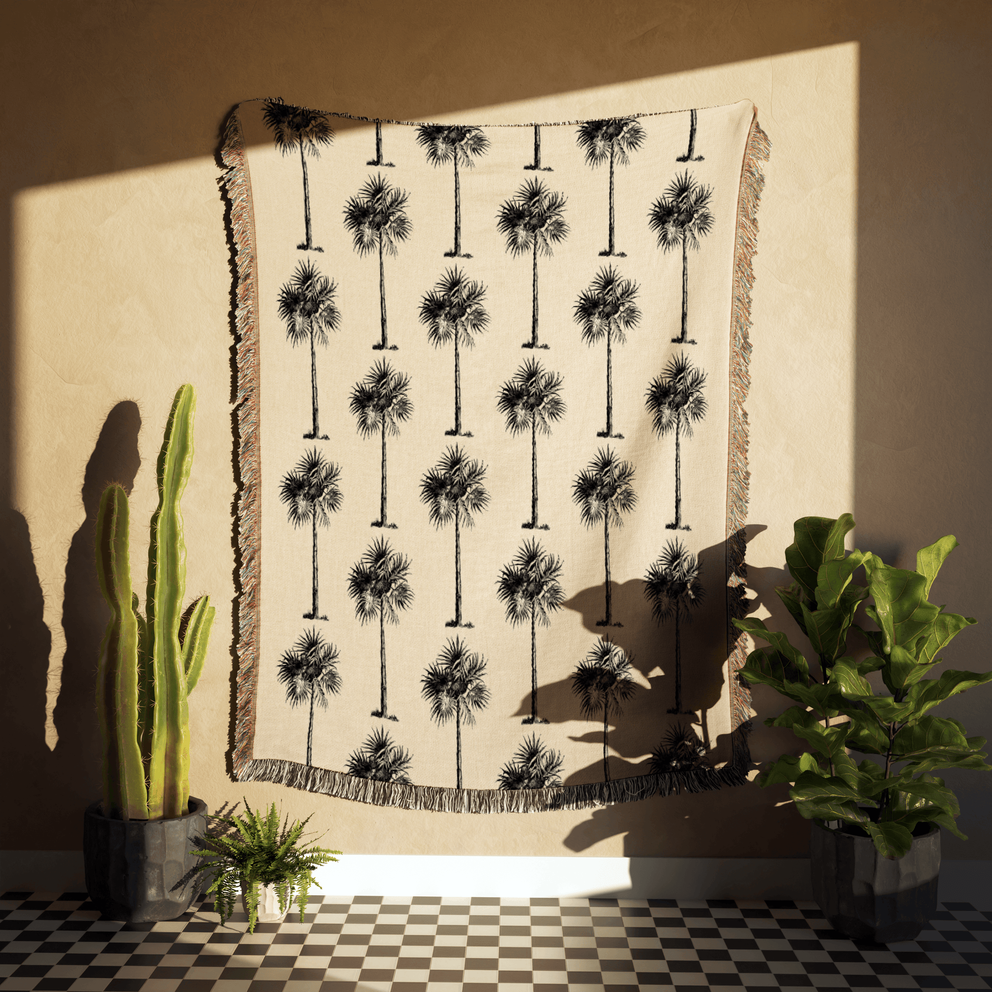 Black and Beige Vintage Palm Tree Woven Cotton Throw Blankets - Taylor Bassam