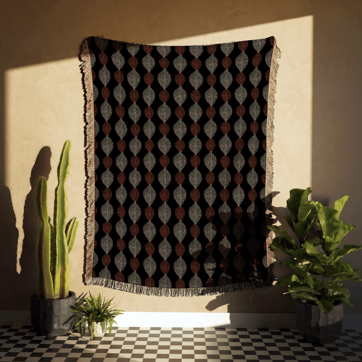 Dark Autumn Leaves Pattern Woven Cotton Throw Blankets - Taylor Bassam