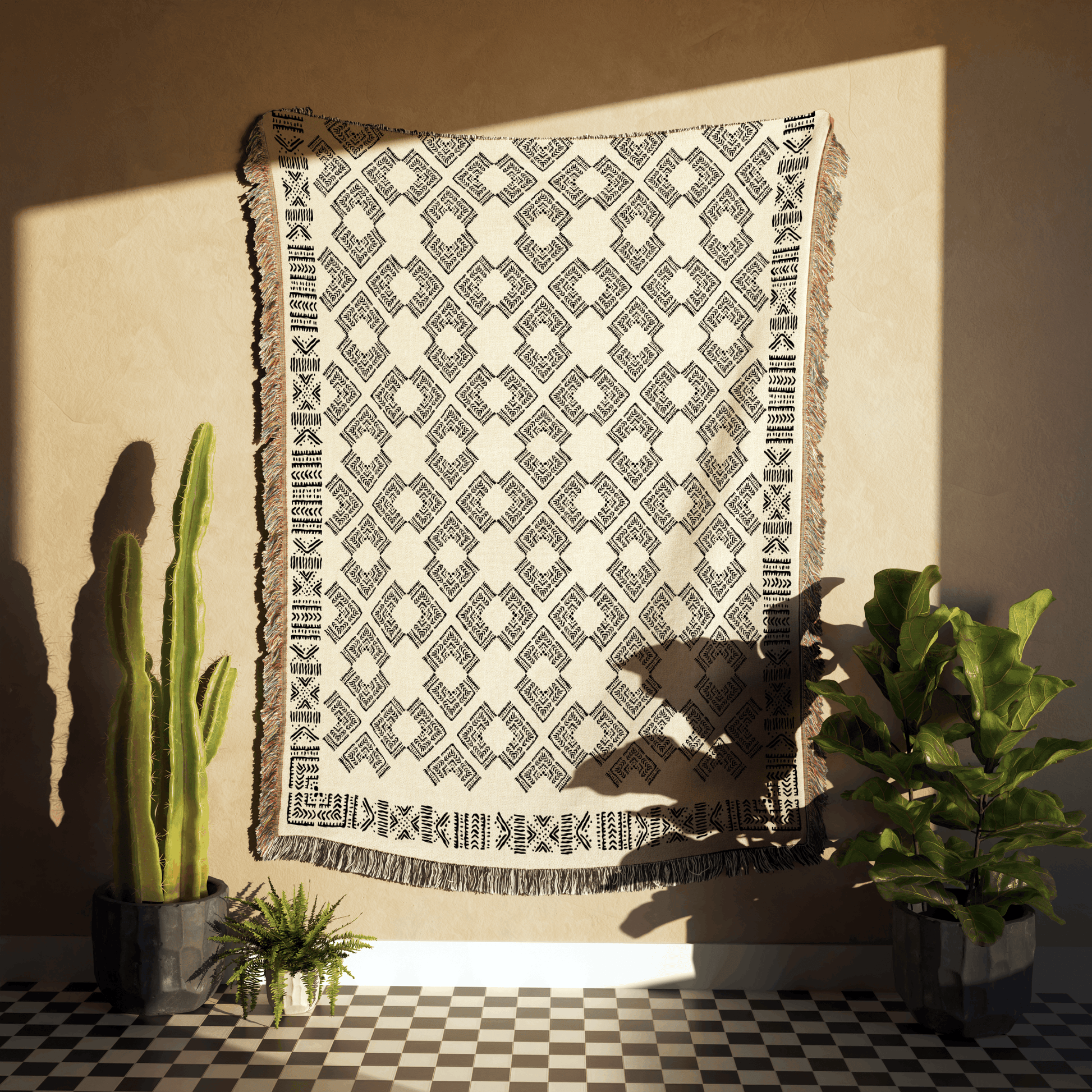 Intricate Boho Motif Black and Beige Woven Cotton Throw Blankets - Taylor Bassam