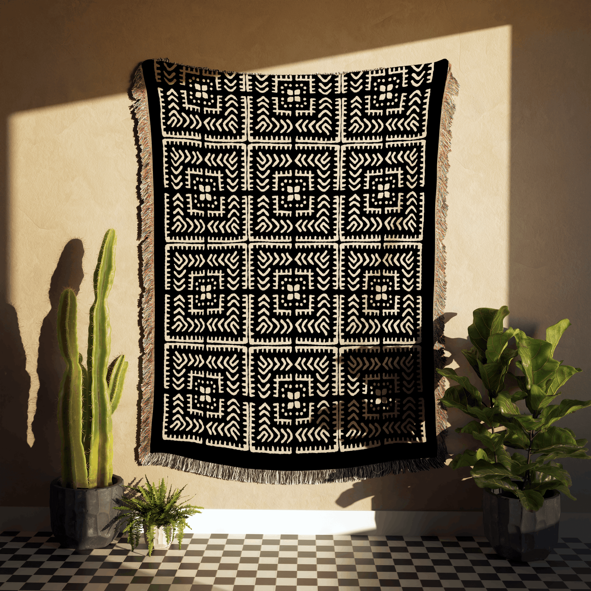 Black and Beige Intricate Motif Pattern Woven Cotton Throw Blankets - Taylor Bassam