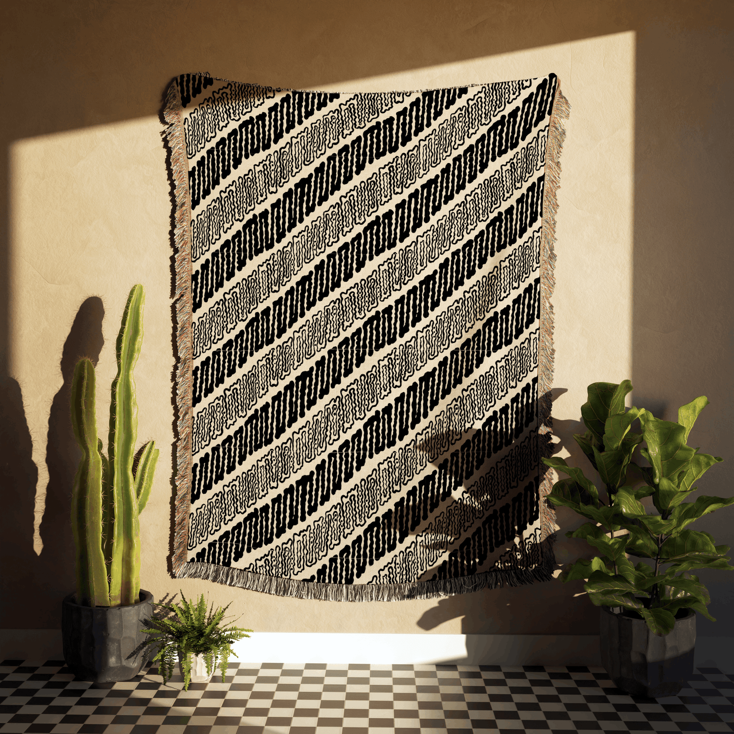 Beige and Black Abstract Modern Stripes Woven Cotton Throw Blankets - Taylor Bassam