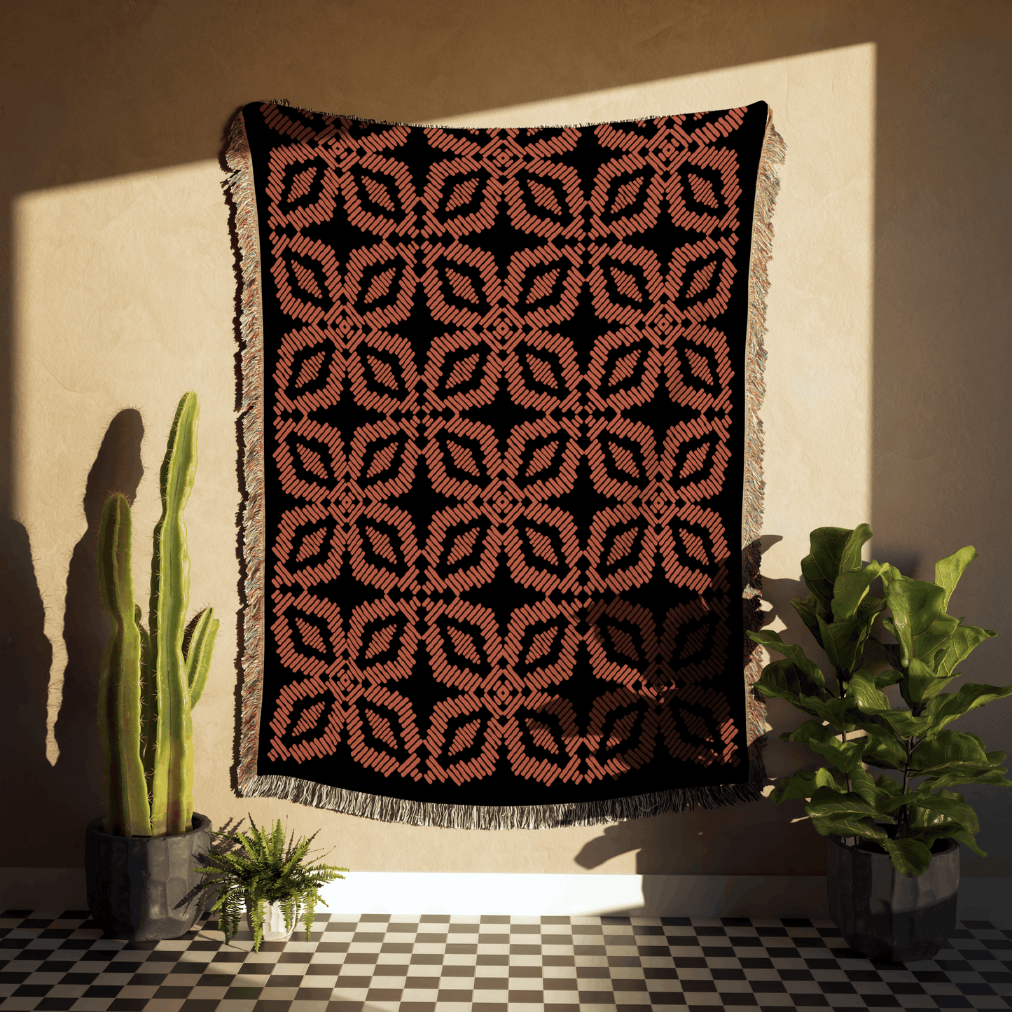 Orange and Black Quilt Pattern Boho Woven Cotton Throw Blankets - Taylor Bassam