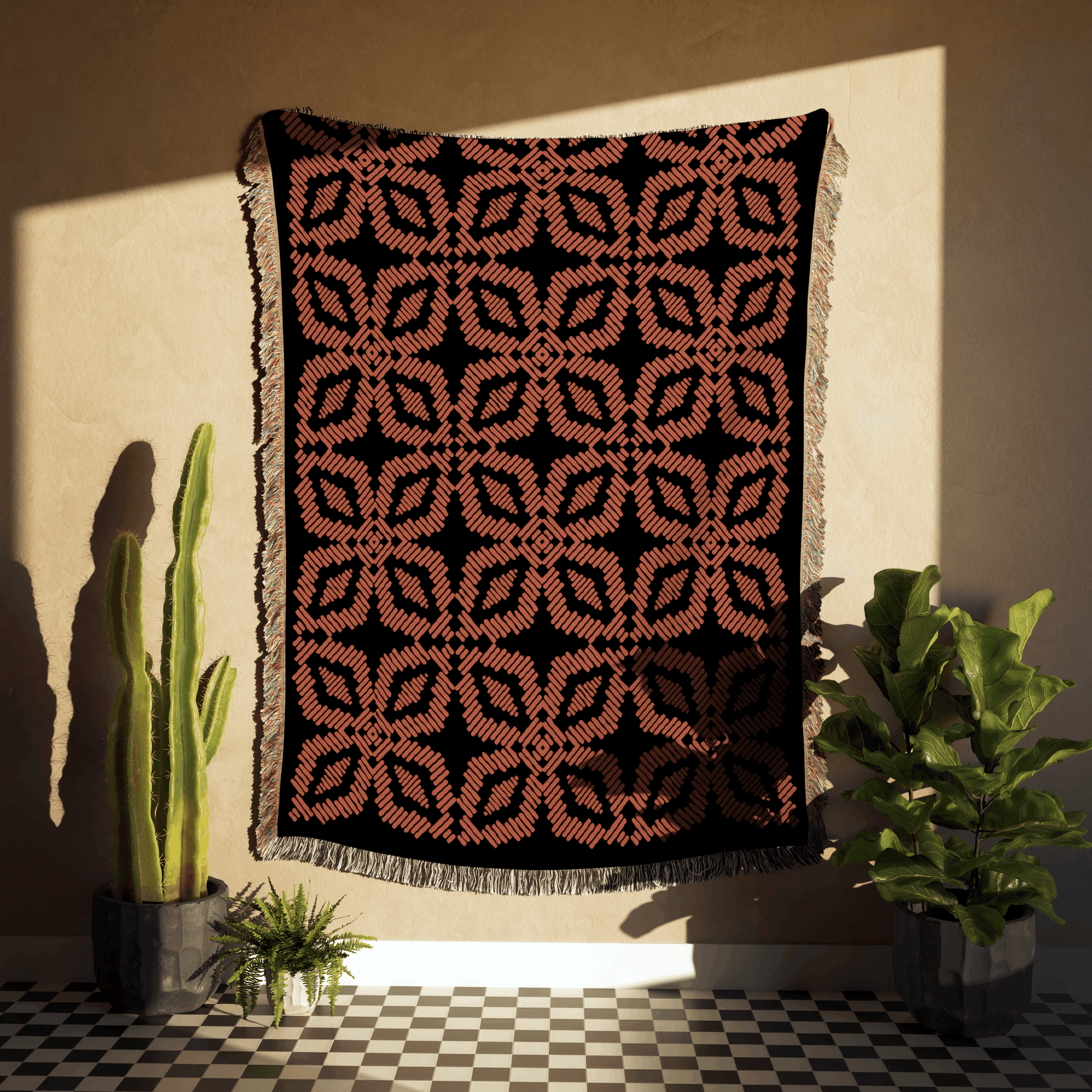 Orange and Black Quilt Pattern Boho Woven Cotton Throw Blankets - Taylor Bassam