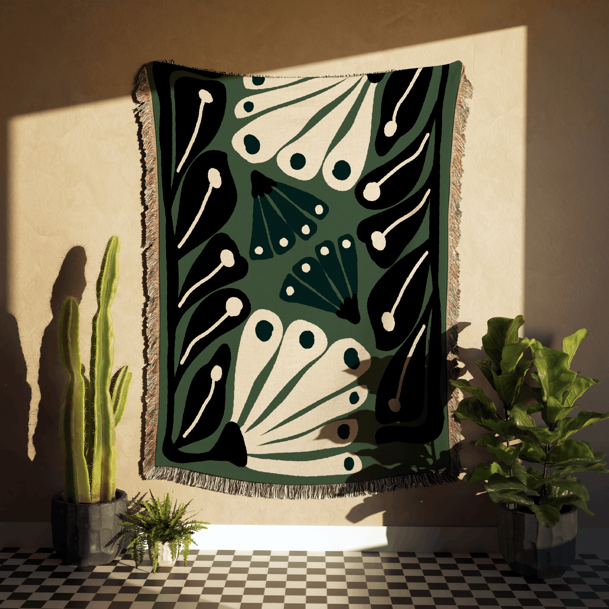 Green Matisse Inspired Retro Flower Woven Cotton Throw Blankets - Taylor Bassam