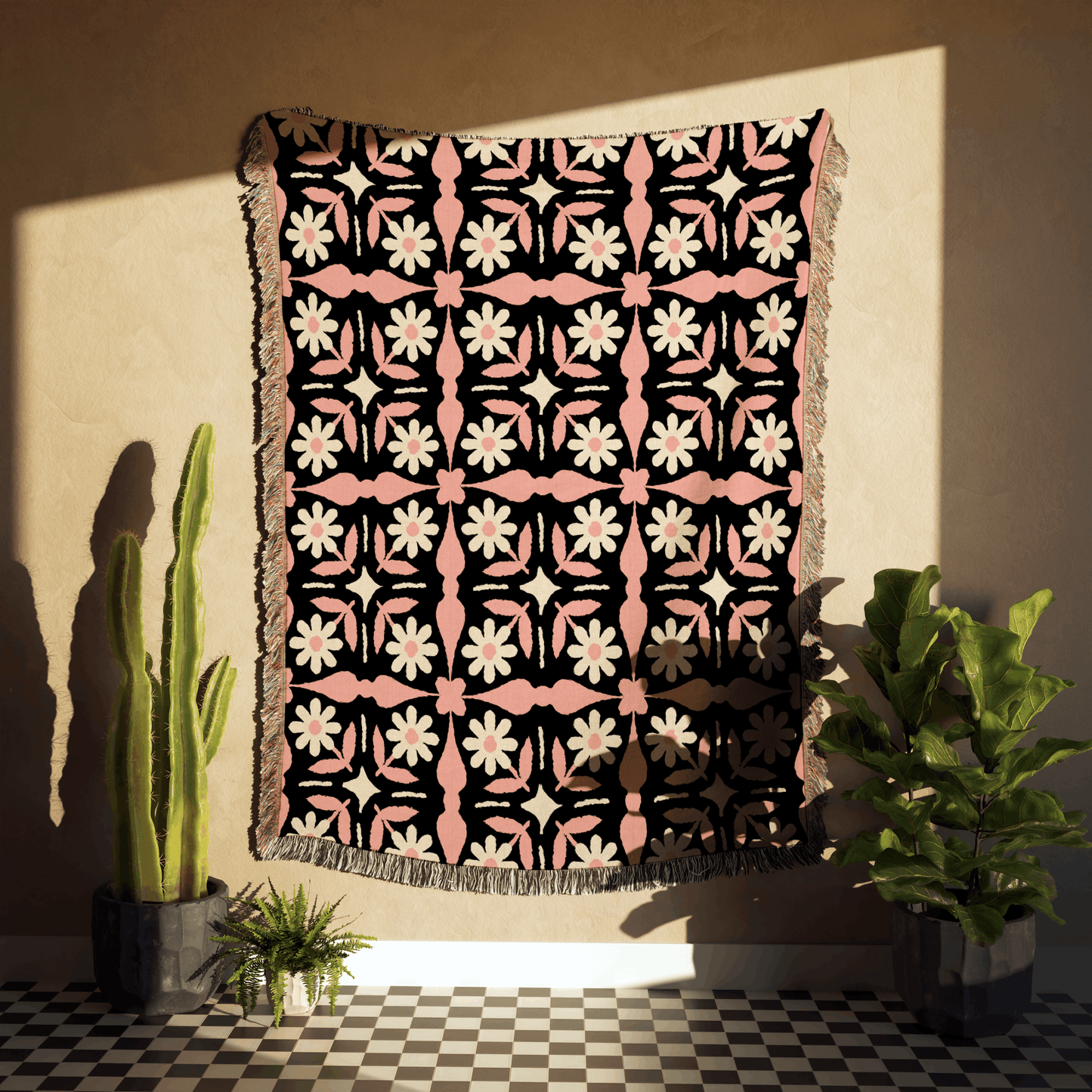 Black and Pink Boho Floral Tile Pattern Woven Cotton Throw Blankets - Taylor Bassam