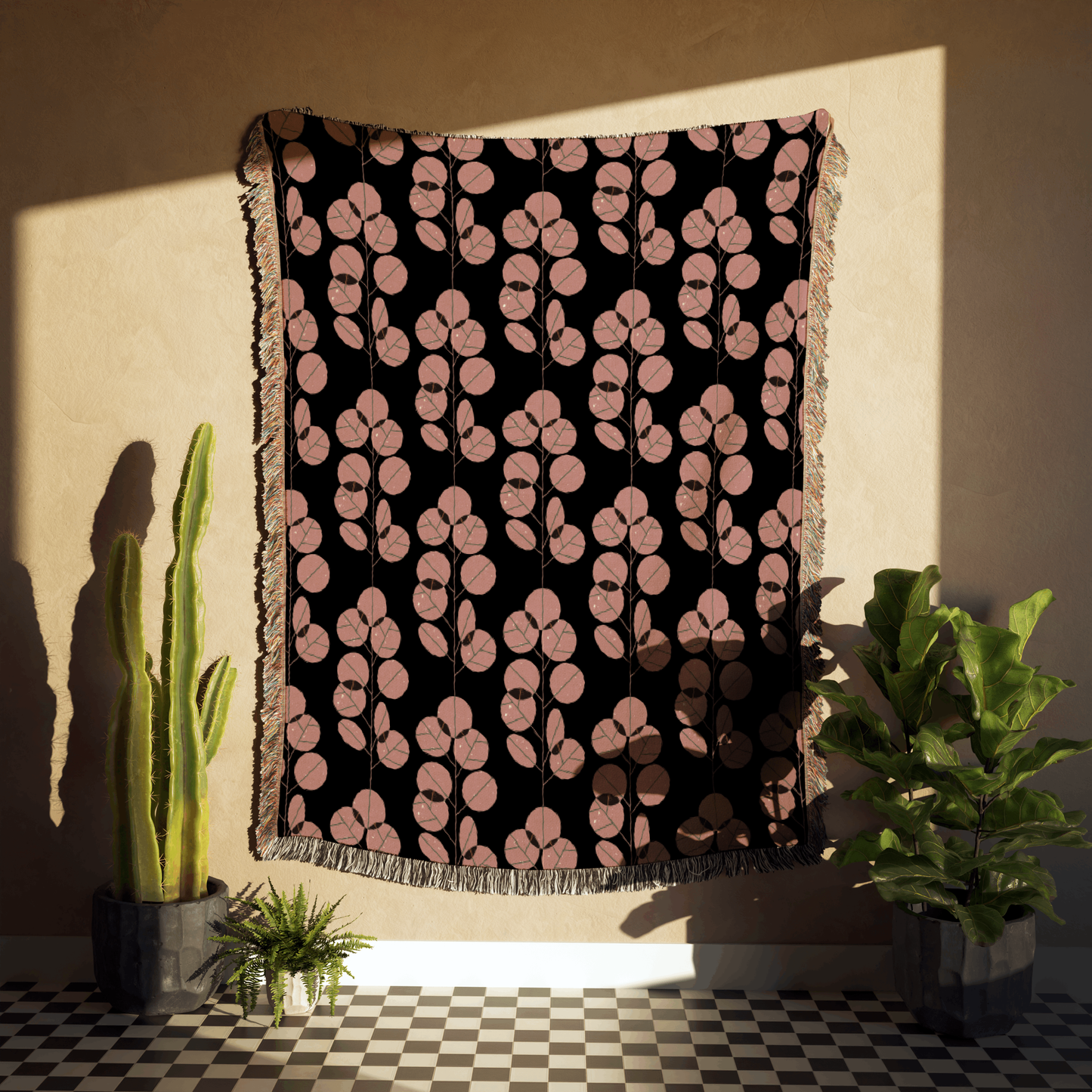 Mauve and Black Autumn Leaves Woven Cotton Throw Blankets - Taylor Bassam