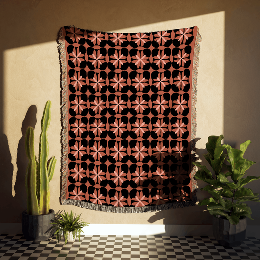 Fall Colors Abstract Flower Pattern Woven Cotton Throw Blankets - Taylor Bassam