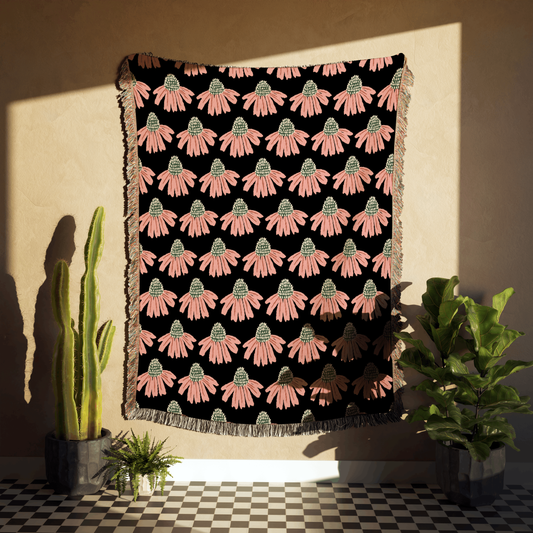 Vibrant Black and Pink Floral Woven Cotton Throw Blanket