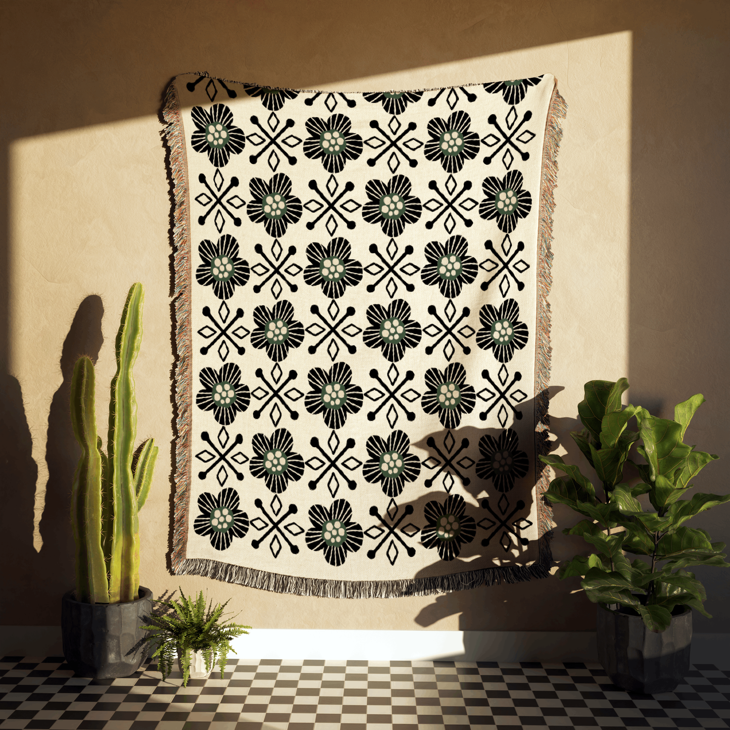 Scandinavian-Inspired Floral Woven Cotton Throw Blanket in Black, Beige & Green