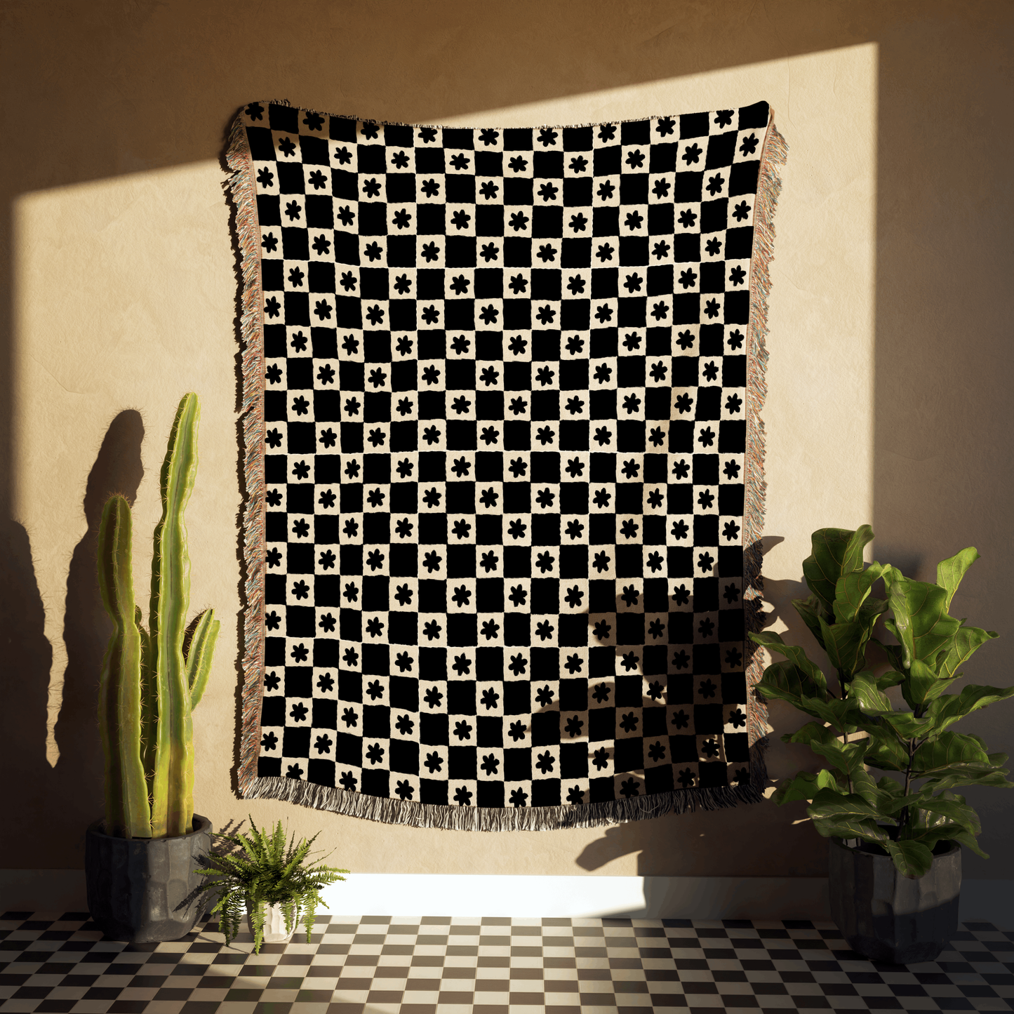 Retro Black and White Floral Check Cotton Throw Blanket from the 1960s