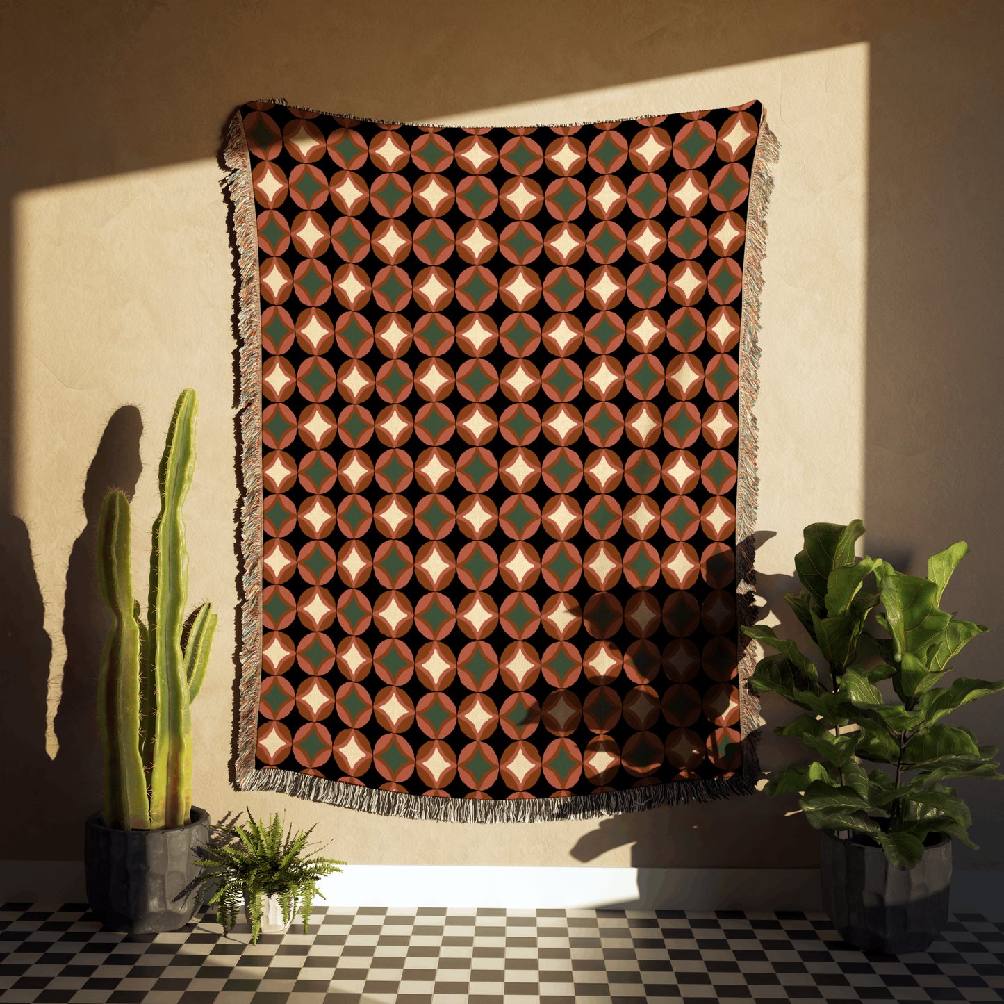 Burnt Orange and Green MCM Pattern Woven Cotton Throw Blankets