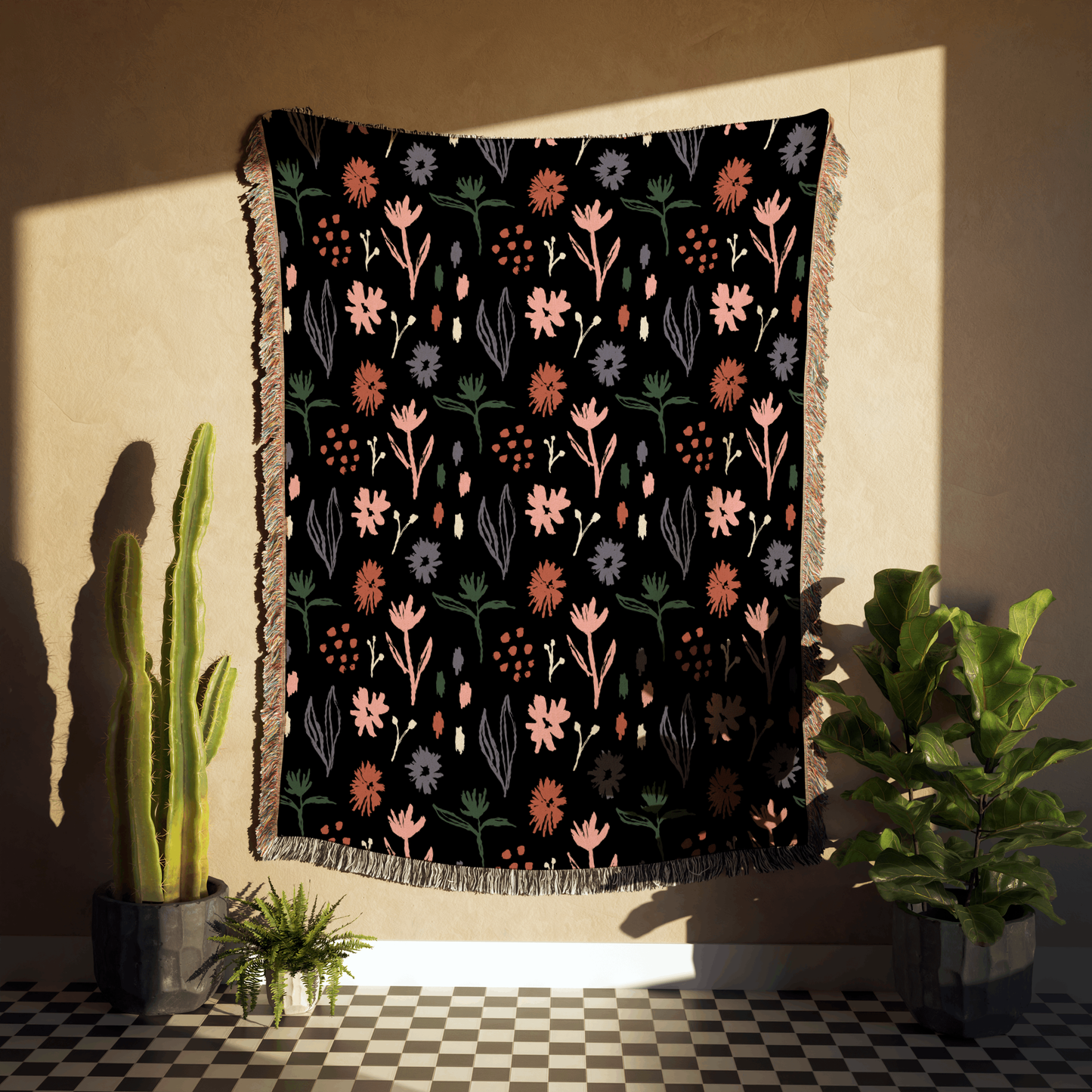 Dark Multicolor Modern Boho Floral Woven Cotton Throw Blankets