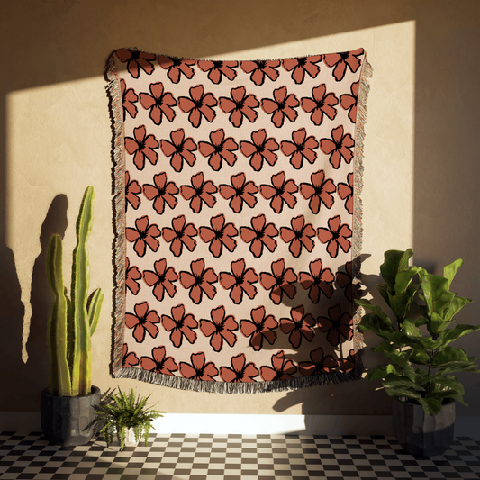 Dusty Rose and Rust Color Handdrawn Floral Woven Cotton Throw Blankets