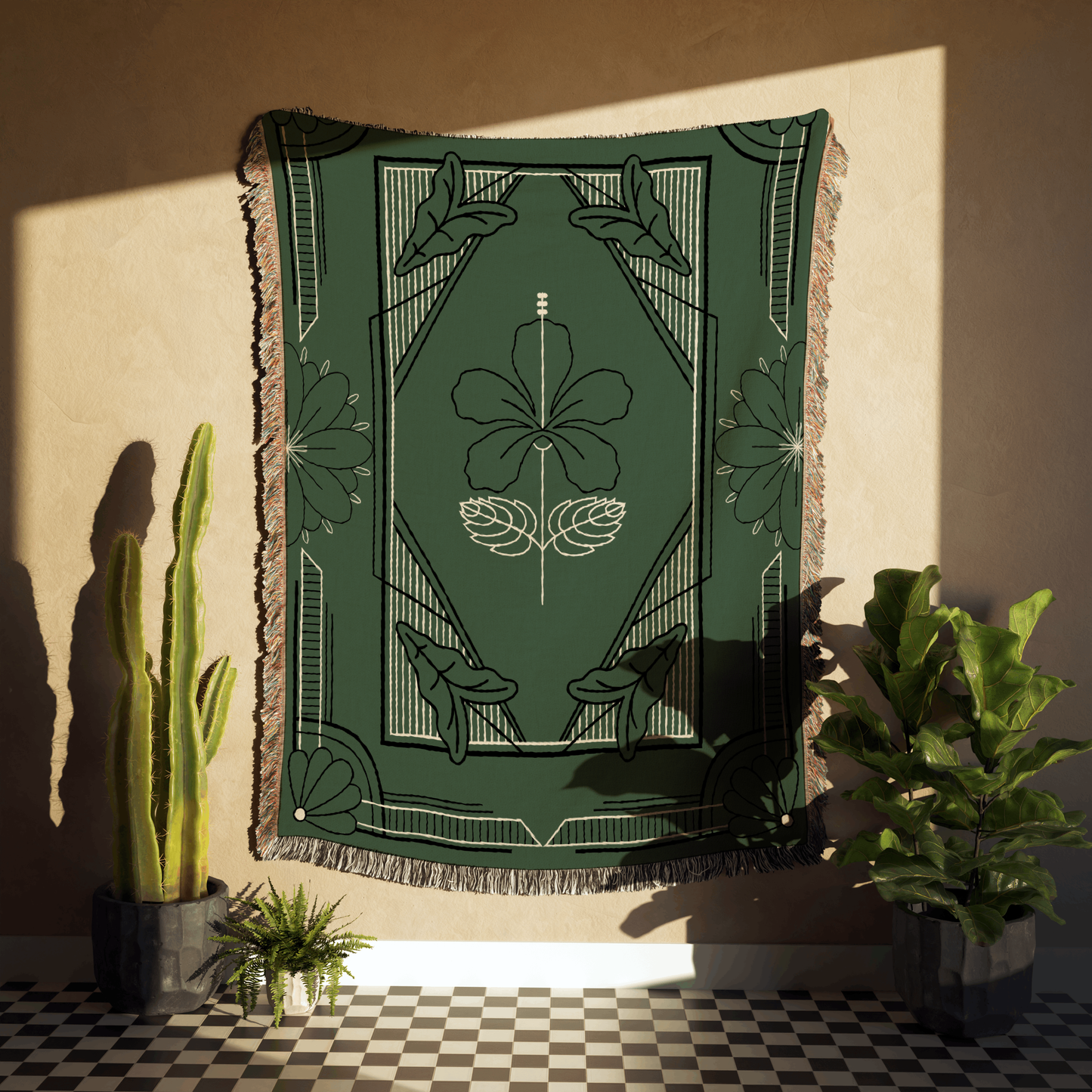 Green Art Deco Flower Woven Cotton Throw Blankets