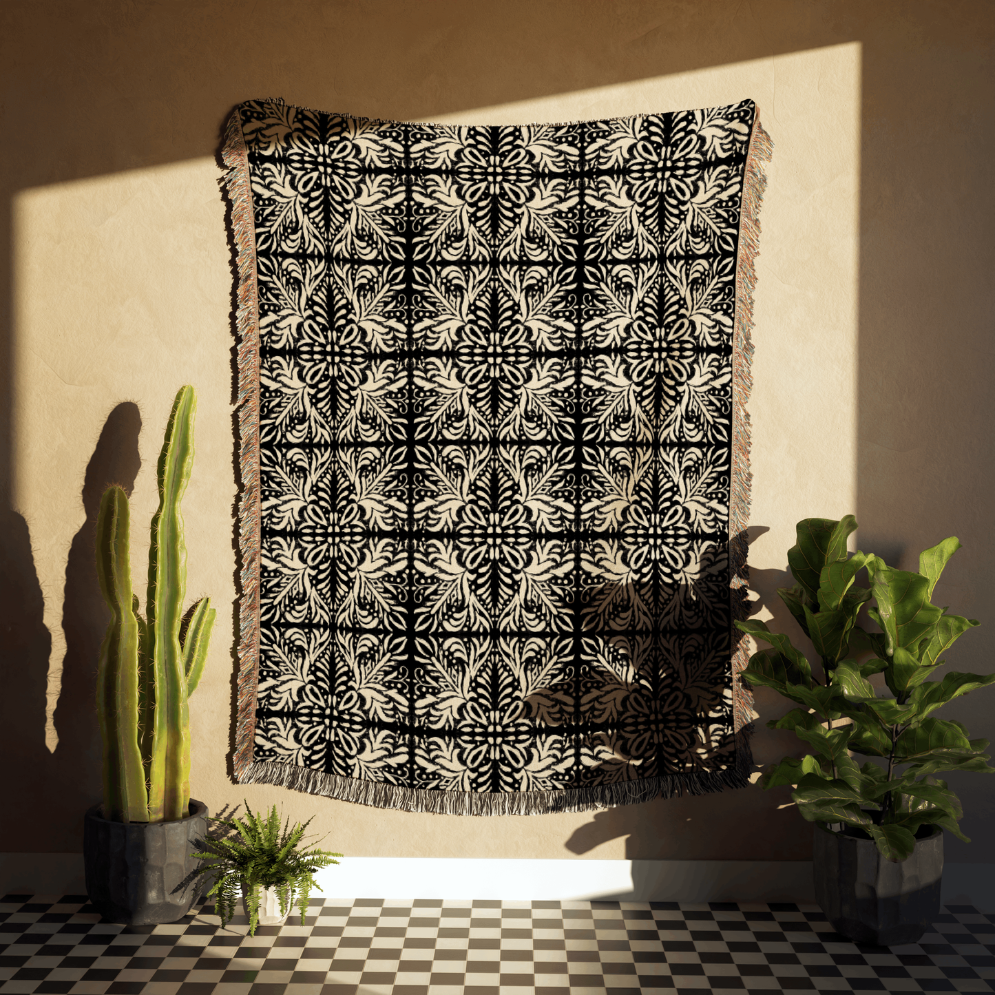 Heritage-Inspired Beige and Black Woven Throw Blanket