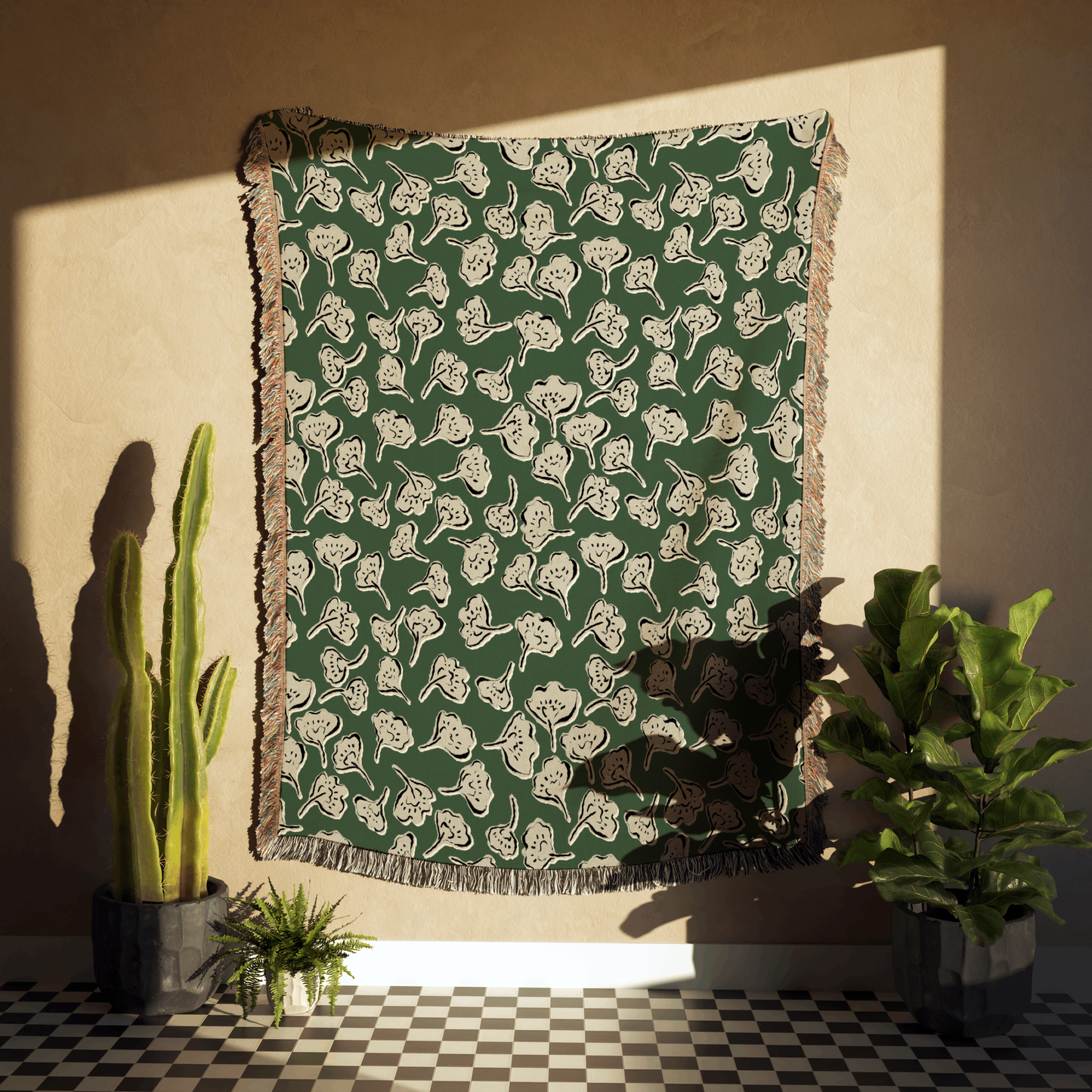 Green and White Modern Boho Flower Woven Cotton Throw Blankets