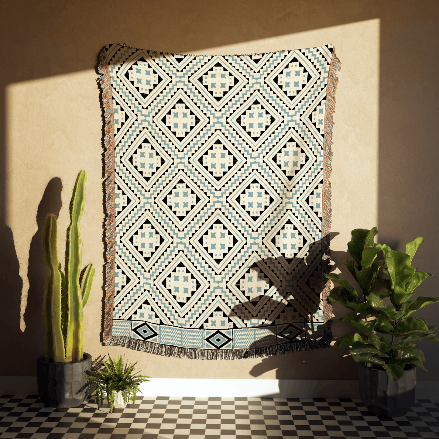 Batik-Inspired Geometric Cotton Throw Blanket in Blue, Black, and White