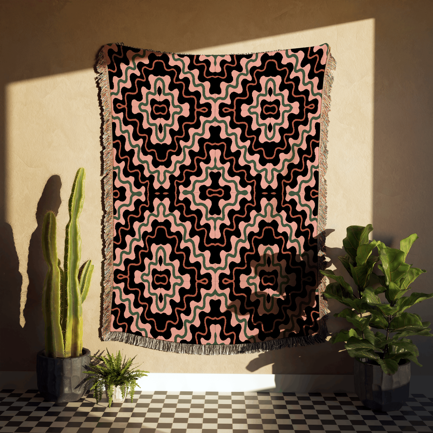 Psychedelic Pink and Black Cotton Woven Throw Blanket