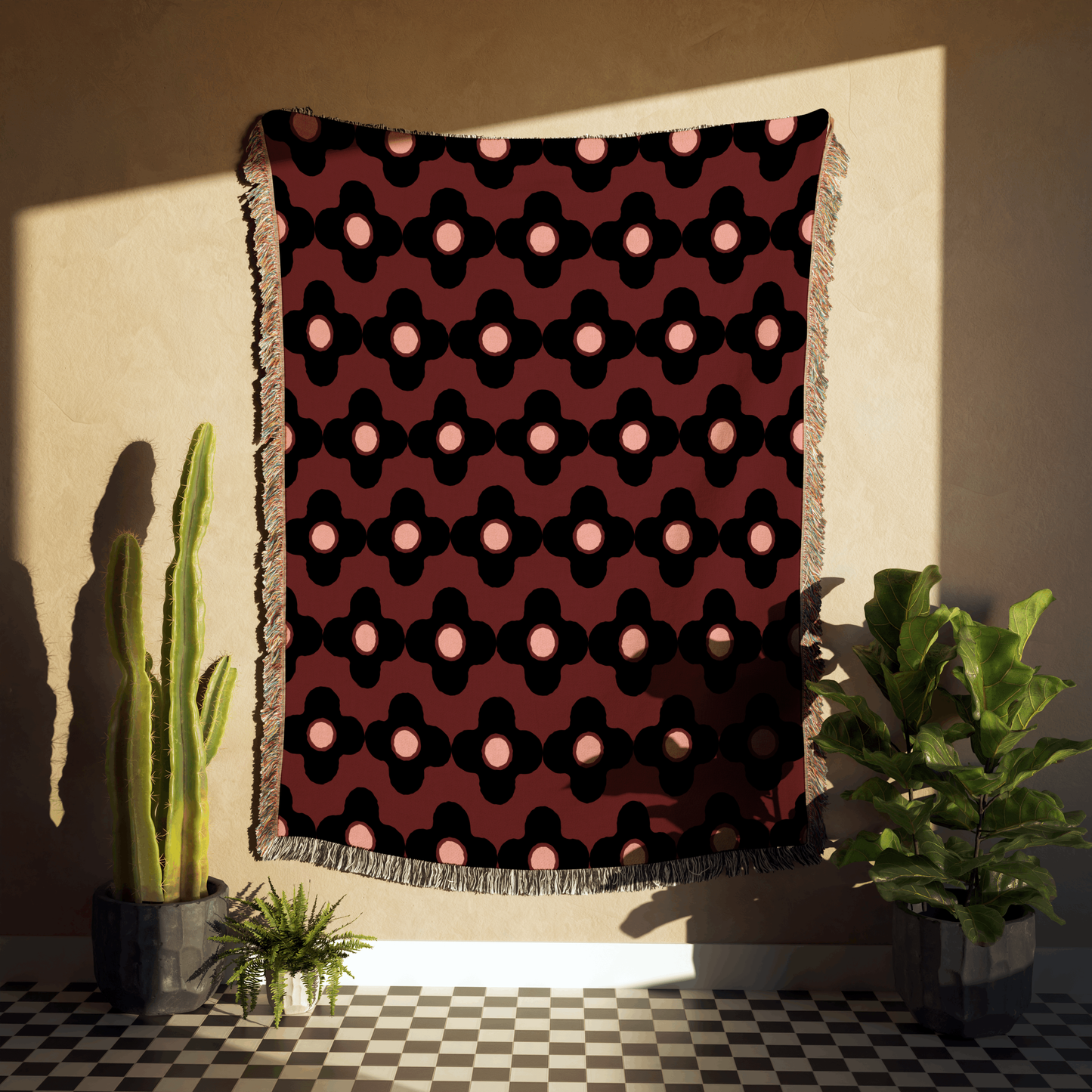 Psychedelic Maroon and Black Floral Woven Cotton Throw Blanket