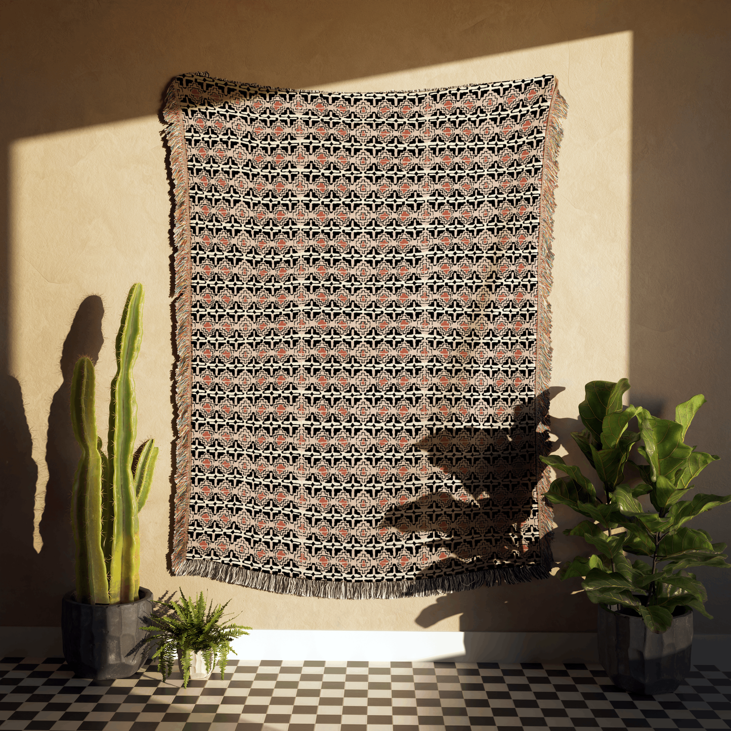 Vintage Terracotta and Black Geometric Woven Throw Blanket