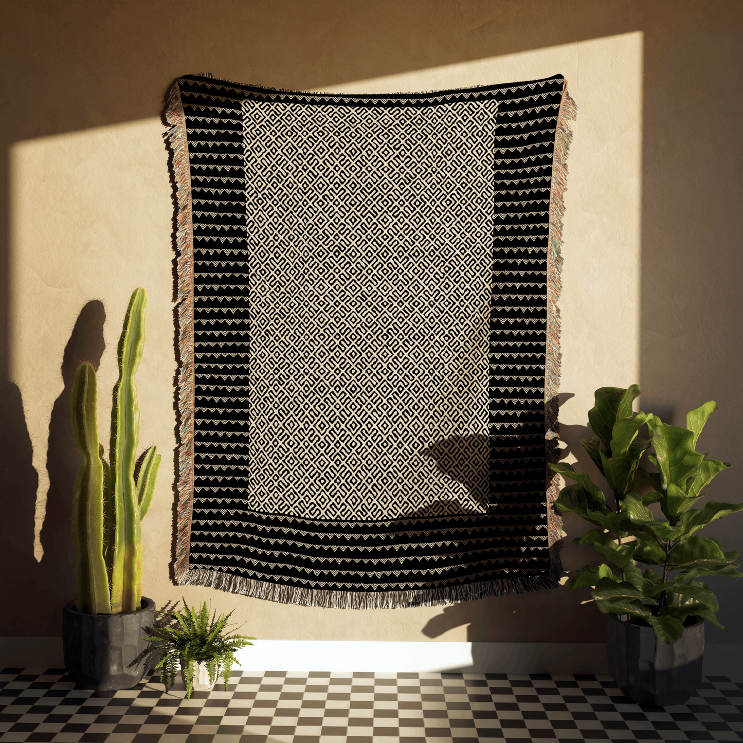 Modern Beige and Black Boho Lines Woven Blanket