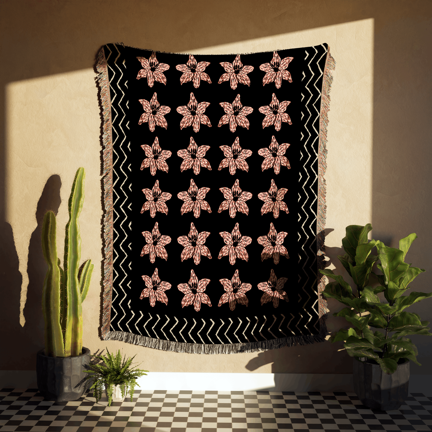 Black and Pink Contemporary Striped Flower Woven Blanket