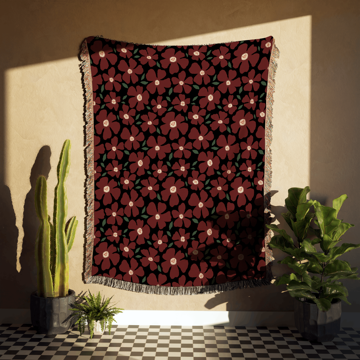 Maroon and Black Daisy Pattern Woven Blanket