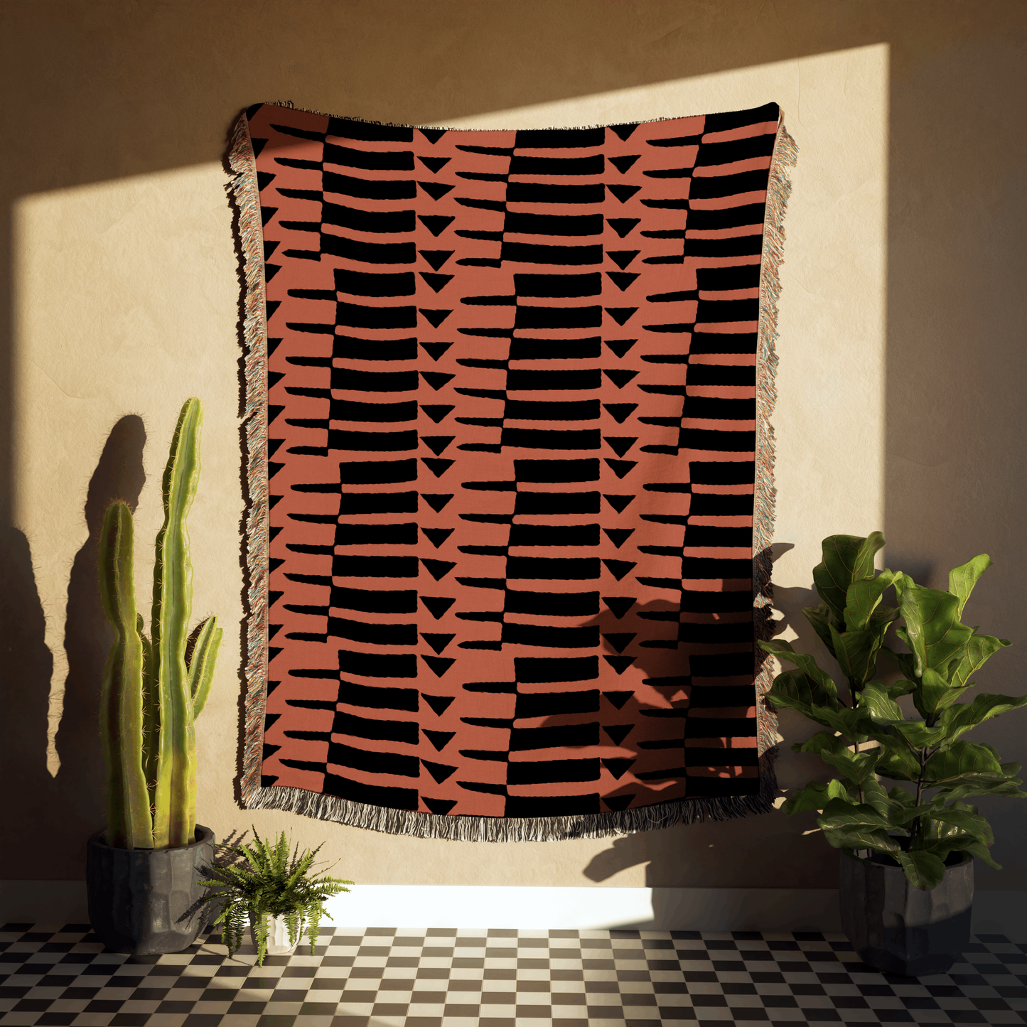 Modern Abstract Terracotta and Black Geometric Woven Blanket