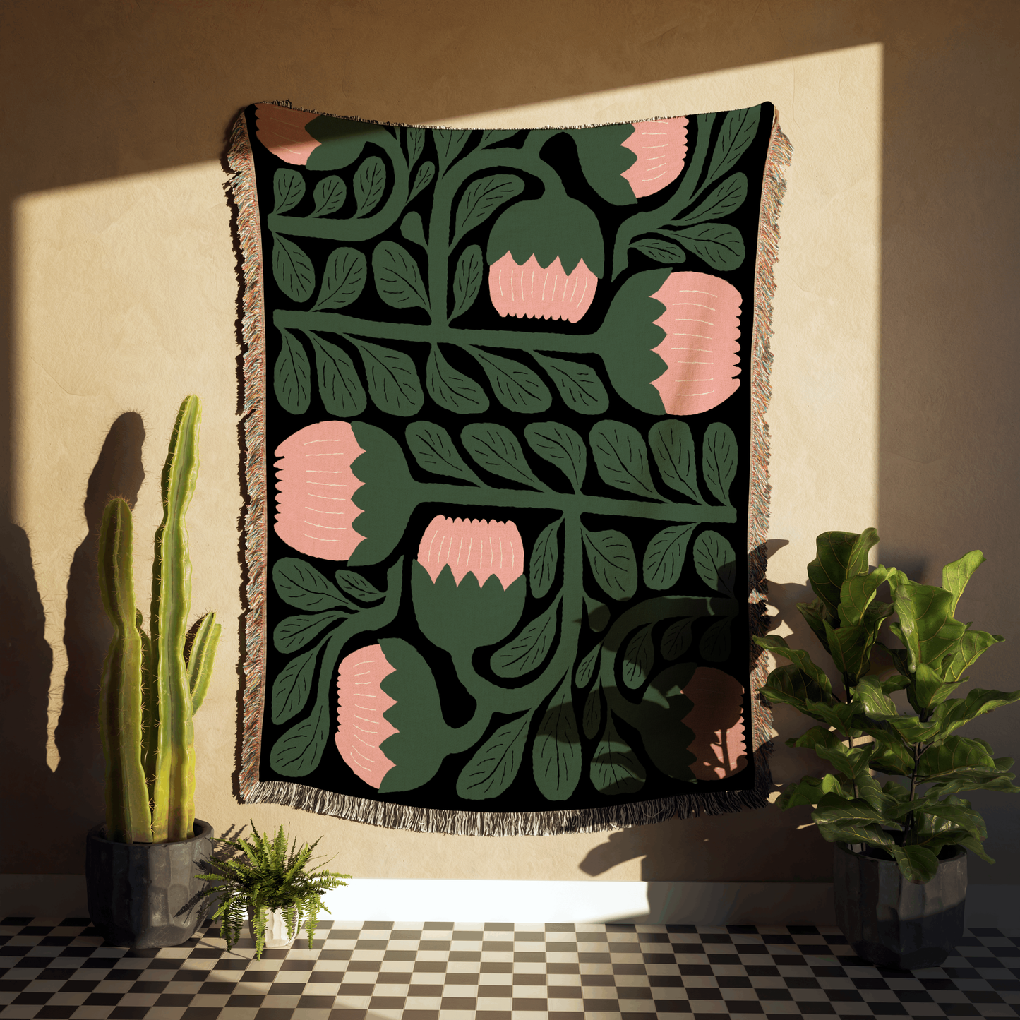 Pink and Green Floral Scandinavian Woven Blanket