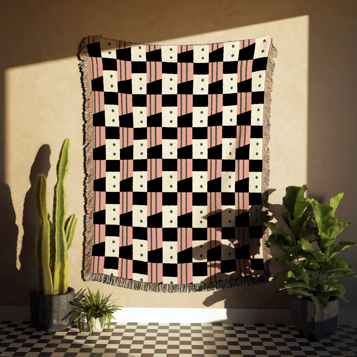 Pink White and Black Modern Geometric Woven Blanket