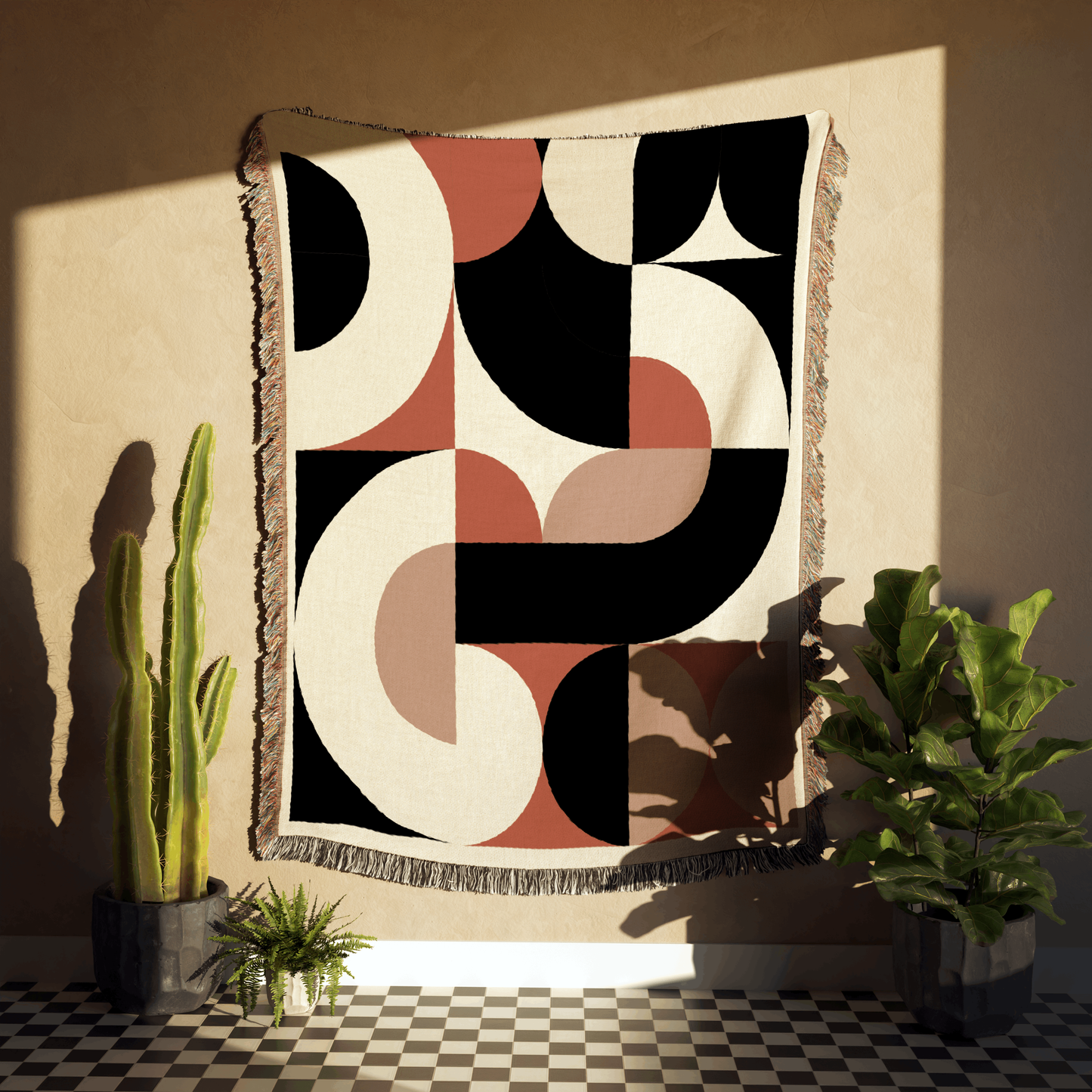 Bauhaus Geometric Woven Blanket in Black, White, and Terracotta