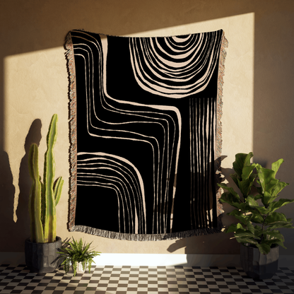 Black and Beige Minimalist Modern Lines Woven Blanket