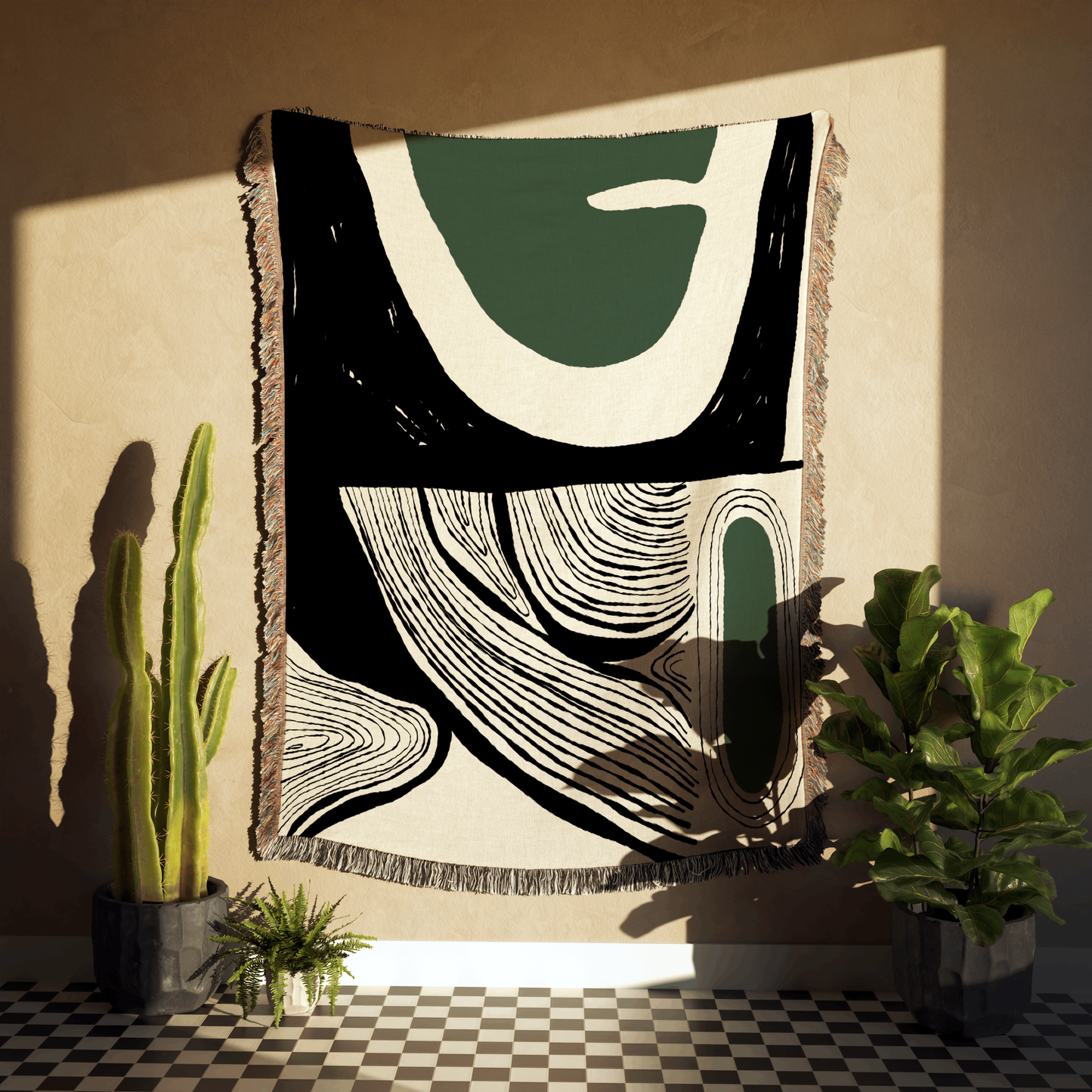 Abstract Black, Beige, and Green Modern Art Woven Blanket