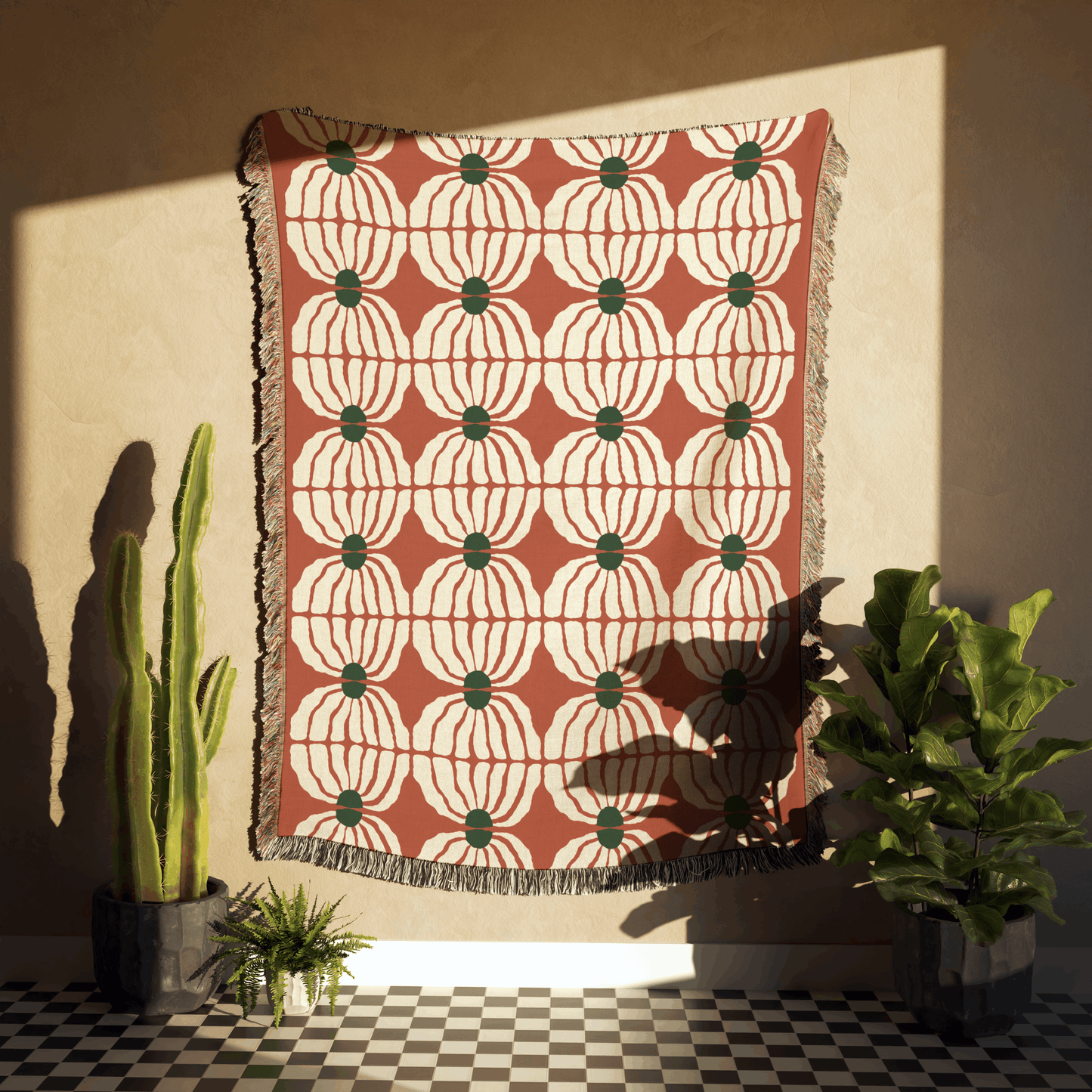 Retro Bloom Woven Cotton Blanket in Terracotta, Green, and White