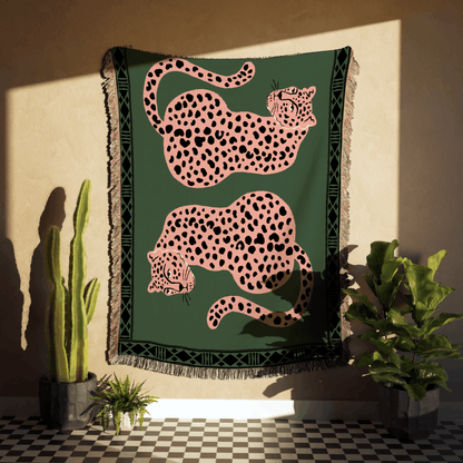Playful Leopards Woven Cotton Blanket in Green, Pink, and Black