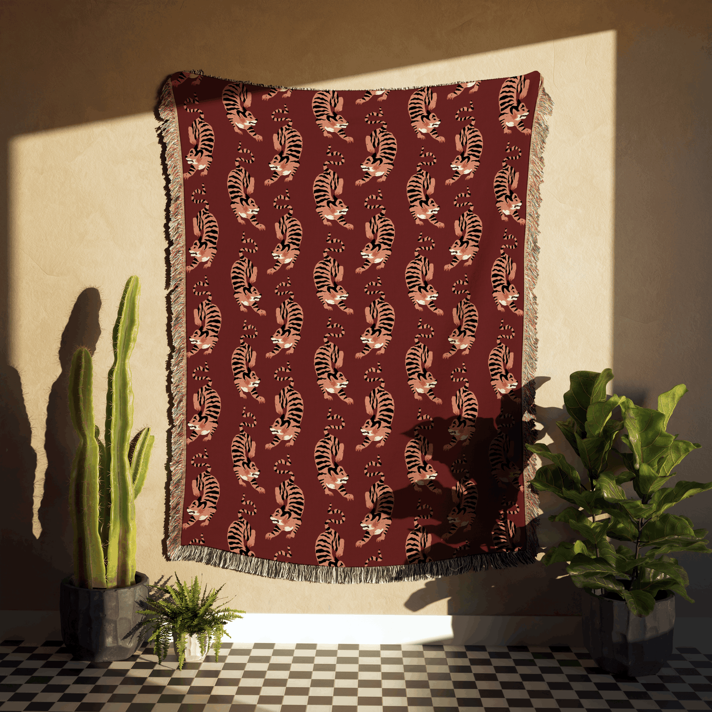 Maroon Vintage Tiger Woven Cotton Blanket