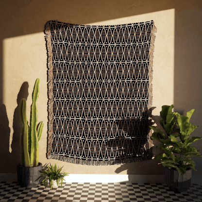 Modern Earth Tone Woven Cotton Blanket in Black and Warm Beige