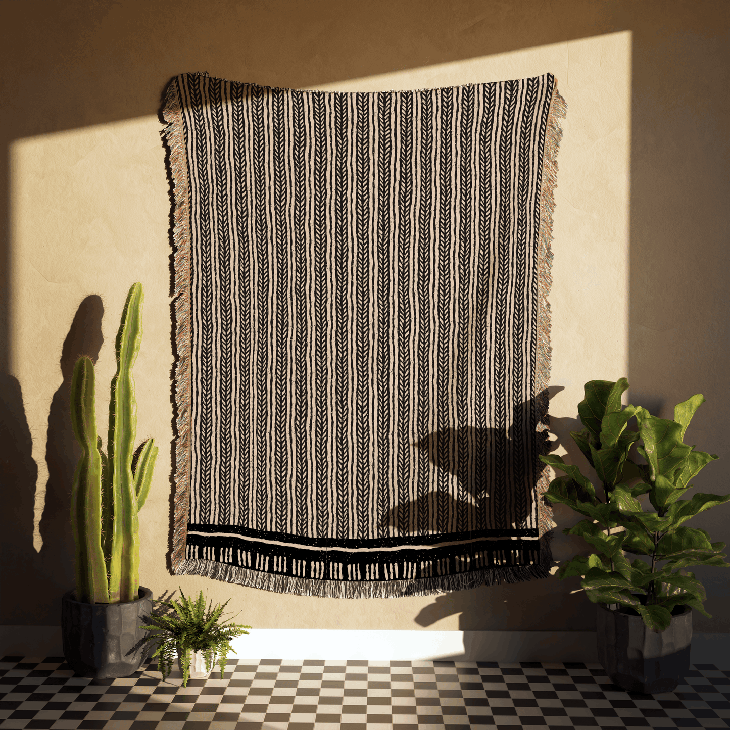 Stripe Woven Cotton Blanket in Black and Warm Beige