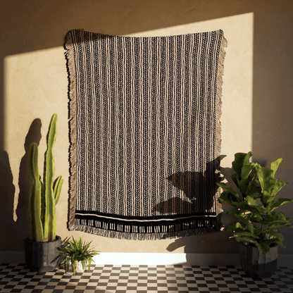 Stripe Woven Cotton Blanket in Black and Warm Beige