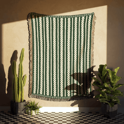 Striped Woven Cotton Blanket in Green and Beige