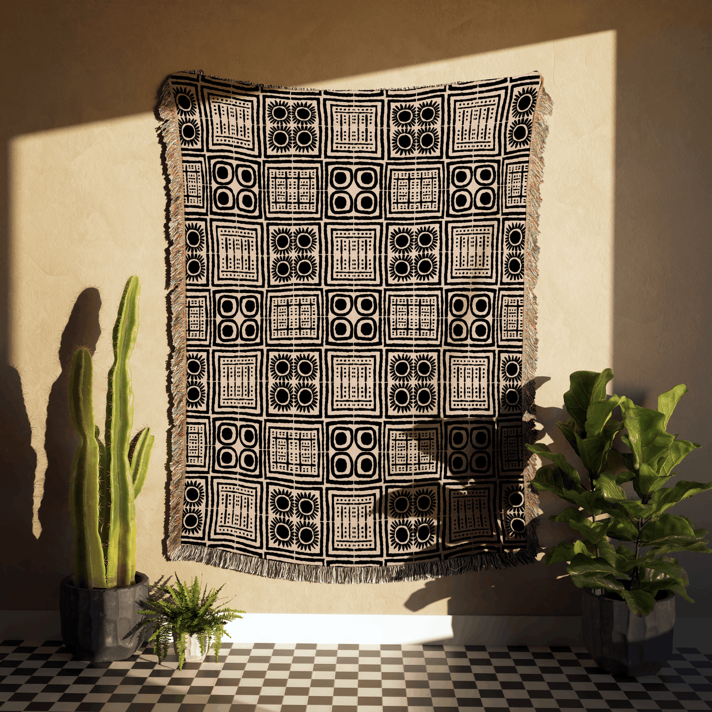 Geometric Patchwork Woven Cotton Blanket in Beige and Black