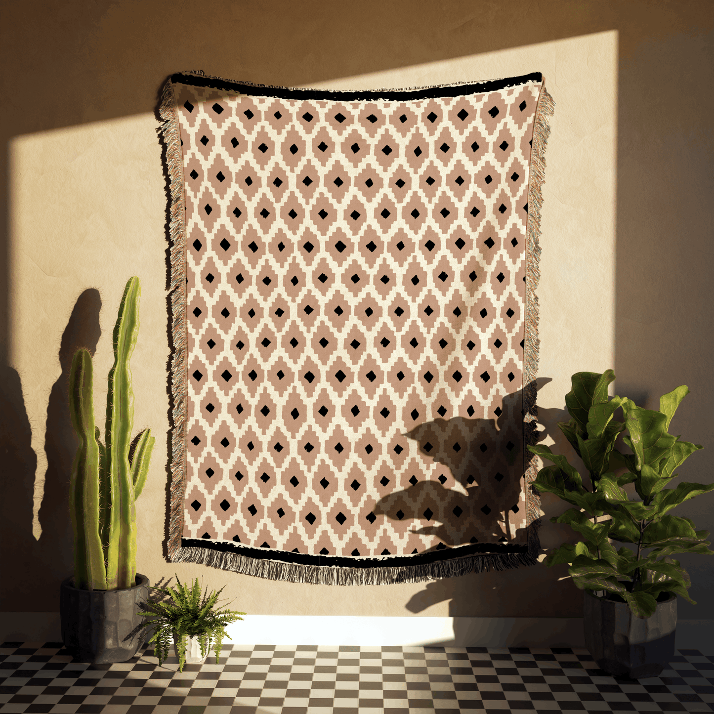 Diamond Trellis Woven Cotton Blanket in Beige and Black